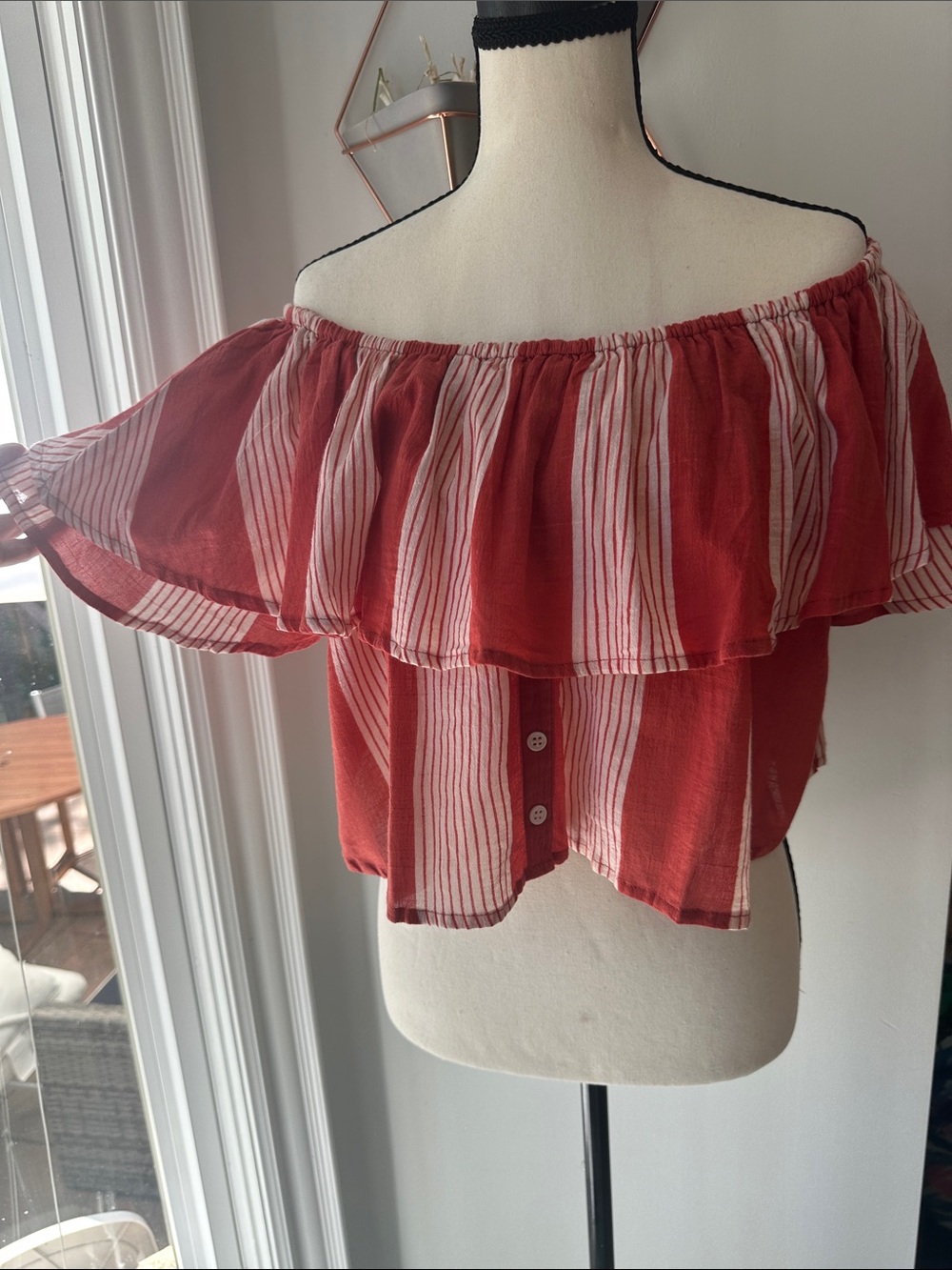 FAITHFULL Off-Shoulder Red Cream Striped Ruffle Crop Top cotton Boho Size 8
